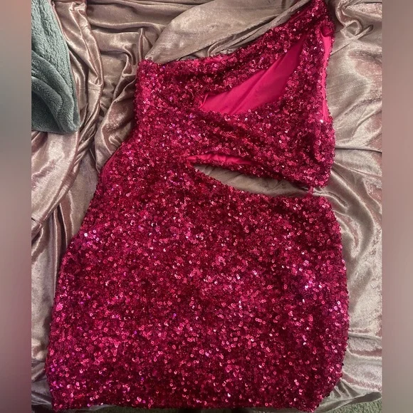 open lace back dress Glitter Sequins Hot Pink One Shoulder Short Homecoming Dresses, MH589 main image 0